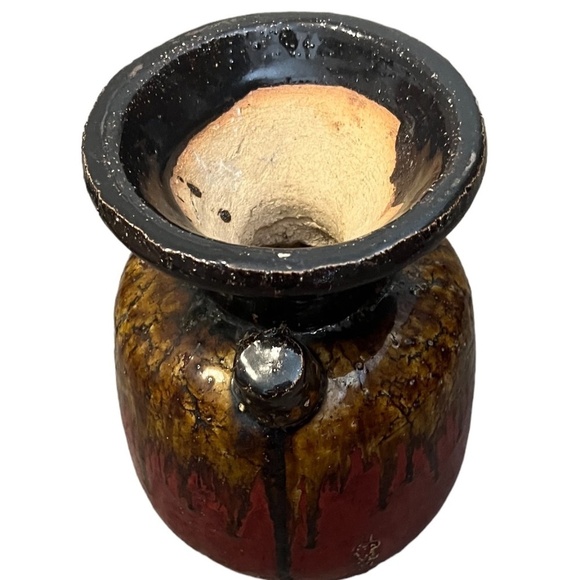 German Fat Lava Style Ceramic Vase with Handle & Brown-Red Gradient Glaze 9" - Picture 3 of 10
